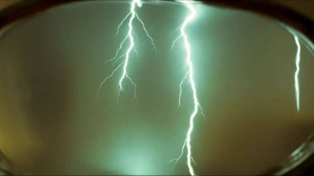 Prompt: lightning inside of a glass mason jar, in the cellar film still from the movie directed by denis villeneuve and david cronenberg with art direction by salvador dali and zdzisław beksinski, wide lens, close up