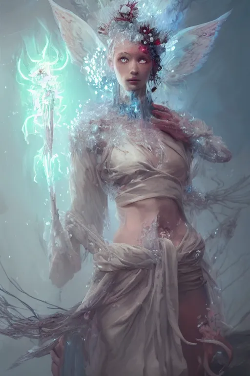 Image similar to beautiful girl necromancer, witch - doctor covered with ice exploding into flowers, angels, 3 d render, hyper realistic detailed portrait, holding fire and electricity, ruan jia, wlop. scifi, fantasy, magic the gathering, hyper detailed, octane render, concept art, peter mohrbacher