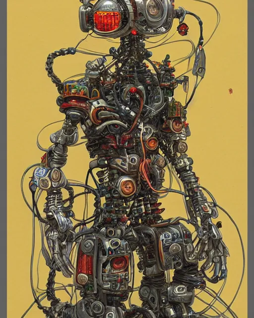 Image similar to Kuniyoshi portrait of a robot saint made of cables and robotic pod in the style of peter mohrbacher