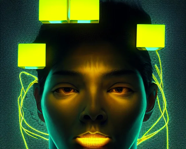 Image similar to portrait of wizard with neonyellow cubes, intricate abstract. intricate artwork, by tooth wu, wlop, beeple, dan mumford. concept art, octane render, trending on artstation, greg rutkowski very coherent symmetrical artwork. cinematic, key art, hyper realism, high detail, octane render, 8 k, iridescent accents