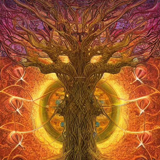 Image similar to a portrait of the holy tree of life, spring, flowers, holy geometry, by Mohrbacher and Moebius, cinematic lighting, masterpiece, golden ratio background, highly detailed, 8k resolution, trending on art station