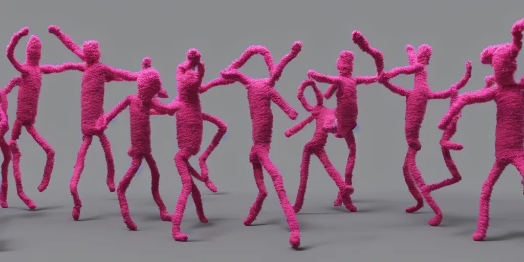 Image similar to group of giant sakura-colored people dancing made out of fluffy pipecleaners in the style of Jean-Michel Basquiat, 3D cinematic lighting, spotlight at a 90 DEGREE ANGLE, photorealism, octane render, depth of field, 8k, 35mm, artgem, Trending on artstation