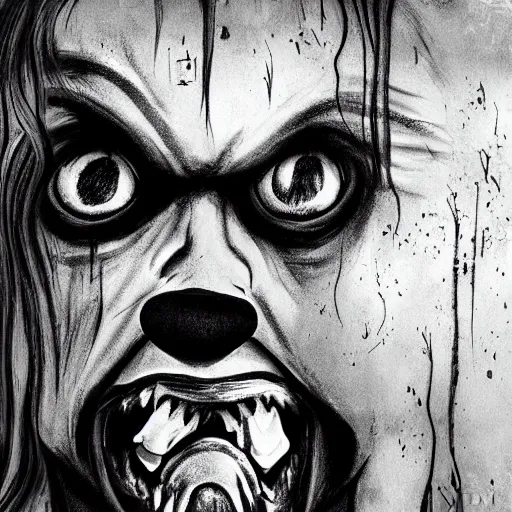 Image similar to grunge drawing of a happy clown in the style of the grudge | horror themed | loony toons style