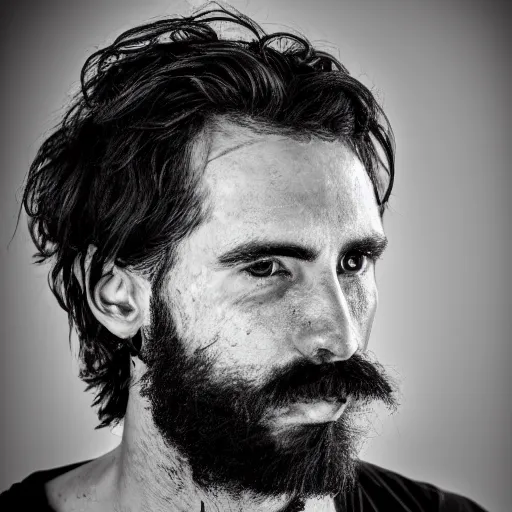 Image similar to handsome man with horrible facial hair, 4 k highly detailed photo black and white