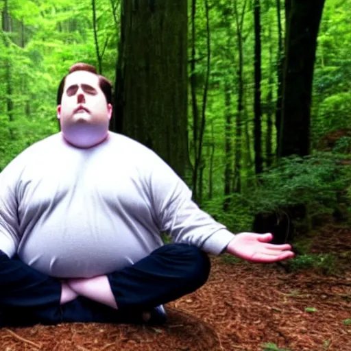 Image similar to chubby Michael Scott meditate in the Forest