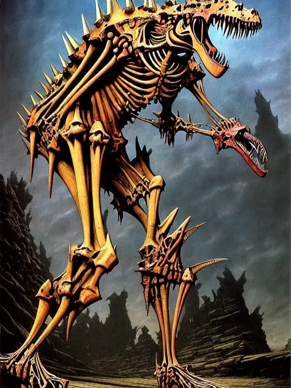 Prompt: A little vibrant. A spiked horned detailed tyrannosaurus-semihuman skeleton with armored joints stands in a large cavernous citadel with a pebble in hands. Wearing massive shoulderplates, cloak. Extremely high details, realistic, fantasy art, solo, masterpiece, bones, ripped flesh, colorful art by Zdzisław Beksiński, Arthur Rackham, Dariusz Zawadzki, Harry Clarke