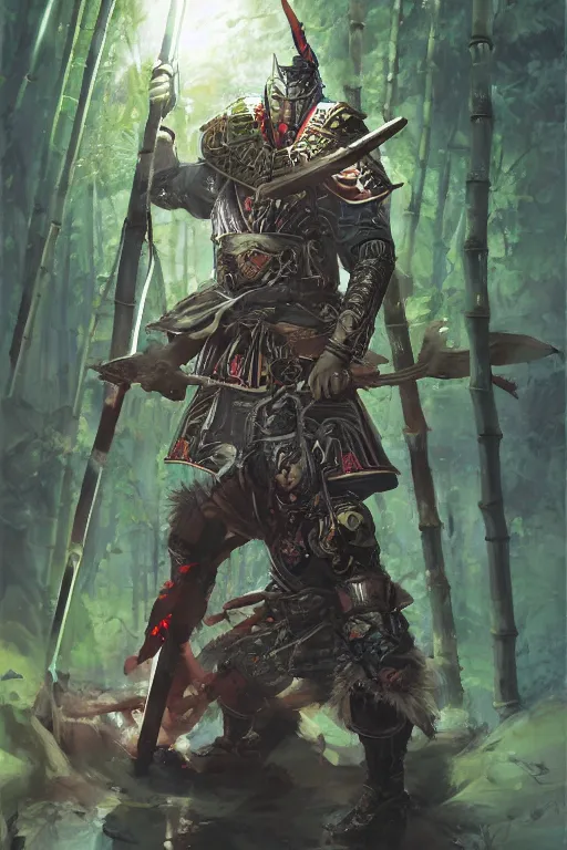 Image similar to a warrior in an epic samurai armor in dark japanese bamboo forest with light shafts, by jesper ejsing and maciej kuciara