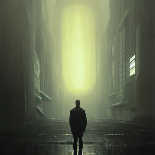 Image similar to portrait of a man by Greg Rutkowski, lee madgwick and hubert robert, VR headset, blade runner style, neon glow, vivid color, moody lighting, unreal engine, sunrise, epic skies, foggy