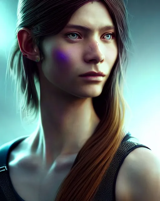 Image similar to a portrait of a beautiful 28th century super cool post-human female very young with long hair, barely human and largely biomechanical cyberpunk, hyper-realistic, very detailed unreal engine, by Artgerm, WLOP and Ross Thran, dramatic cinematic lighting rendered by octane, 8k, detailed, trending on artstation, deviantart google images, pinterest