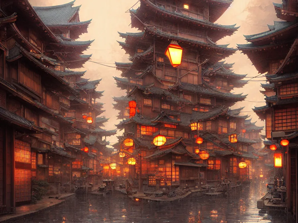 Image similar to old japanese street view from the harbor, d & d digital painting, intricate details, ultra realistic, beautiful, volumetric lighting, warm colors advance, cell shading, by james jean, greg rutkowski, gerald brom,