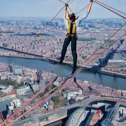 Image similar to tightrope walker above Erasmus bridge, hyperdetailed