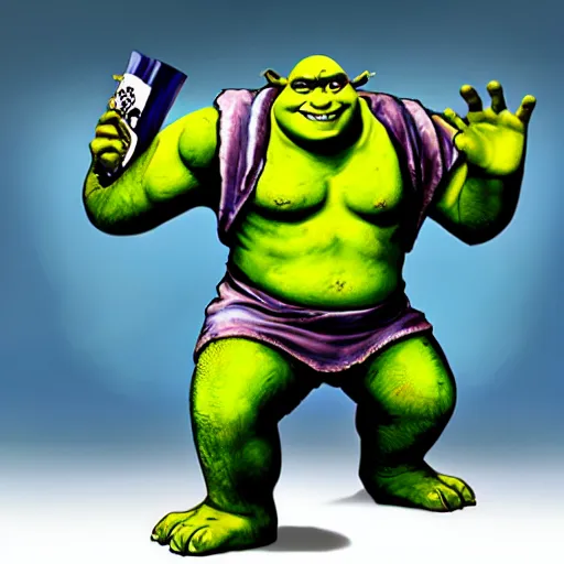 Prompt: Shrek drawn by Kazuma Kaneko for the game Shin Megami Tensei IV, white background
