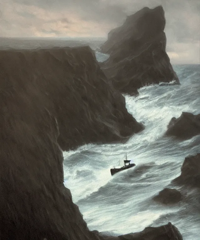 Image similar to photorealistic painting of a 1 9 2 5 seiner sailing near a tropical cliff with the mouth of a sea cave at the waterline, dark, brooding, atmospheric, lovecraft, horror, smooth, epic, highly detailed, cinematic, by lee gibbons