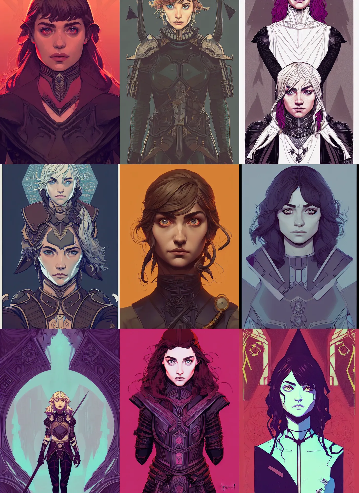 Prompt: front facing symmetrical centered portrait, Imogen Poots as a D&D Paladin, fantasy concept art by Tomer Hanuka, cgsociety, vanitas, ilya kuvshinov, 2d game art, official art