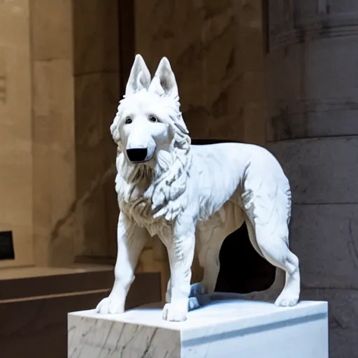 Prompt: statue of a short hair german shepherd dog, white marble, in a museum, by Gian Lorenzo Bernini
