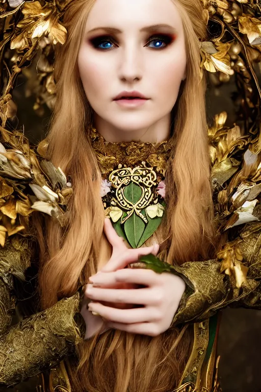 Image similar to very beautiful elven top model, golden hair, wearing gucci gothic victorian armor with leaves and flowers, luxury materials, symmetrical, cinematic, elegant, professional studio light, real dlsr photography, sharp focus, 4 k, ultra hd, sense of awe, high fashion