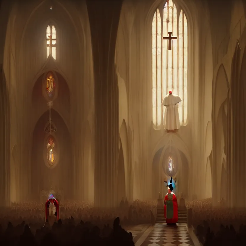 Prompt: pope standing in a curch, digital painting, greg rutkowski, artstation, cinematic, matte painting