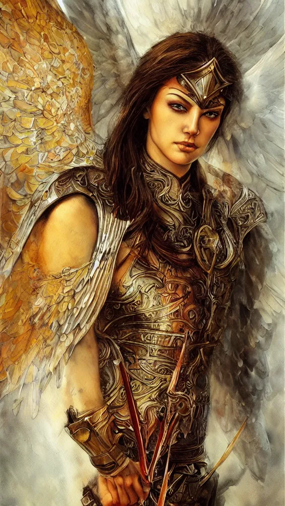 Image similar to a beautiful young medieval warrior, by karol bak, fine art, watercolor, technicolor, angelic