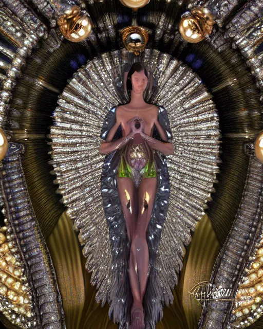 Prompt: a highly detailed metahuman 4 k close up render of an alien goddess bella hadid monument guardian angel in iris van herpen dress schiaparelli in diamonds crystals swarovski and jewelry iridescent in style of alphonse mucha gustav klimt trending on artstation made in unreal engine 4