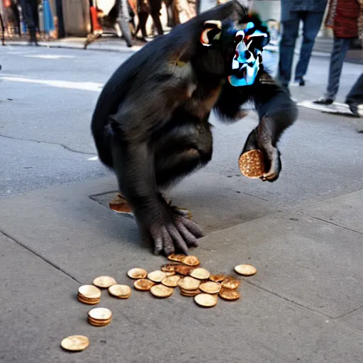 Image similar to a chimpanzee picking up pennies on a street in manhattan, depth of field, breathtaking, detailed and intricate environment, 8 k resolution, hyperrealistic