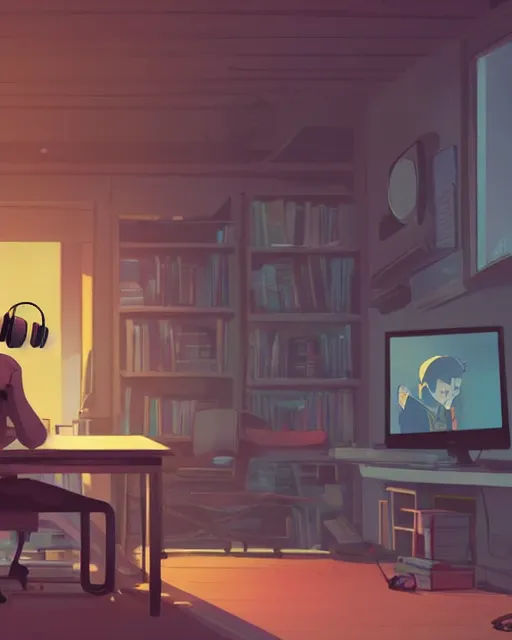 Image similar to man with headphones at his home studio producing music late at night, very detailed, 4 k, cory loftis, james gilleard, atey ghailan, makoto shinkai, goro fujita, studio ghibli, rim light, exquisite lighting, clear focus, very coherent