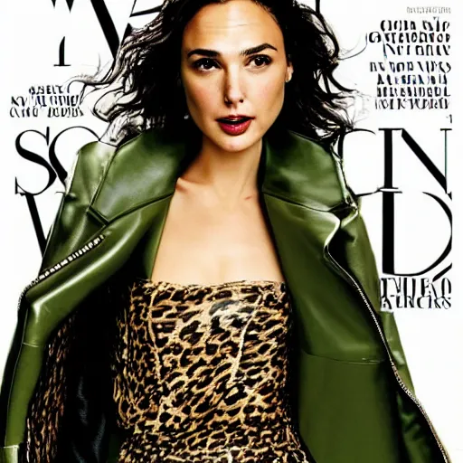 Prompt: Gal Gadot on the runway modeling a Long Leopard Coat with black leather spikes and green lace, photographed in the style of Mario Testino