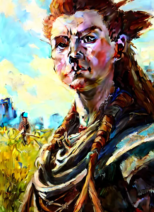 Image similar to portrait of a eastern european Aloy from Horizon Zero Dawn in the style of Apex Legends practicing, countryside, calm, fantasy character portrait, dynamic pose, above view, sunny day, clouds in the sky, artwork by Jeremy Lipkin and Giuseppe Dangelico Pino and Michael Garmash and Rob Rey and Greg Manchess, very coherent asymmetrical artwork, sharp edges, perfect face, simple form, 100mm