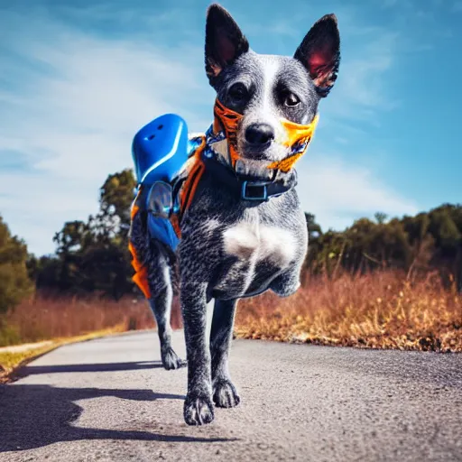 Image similar to blue heeler dog on a motorcycle, 8 k photography, blurred background of a wafflehouse