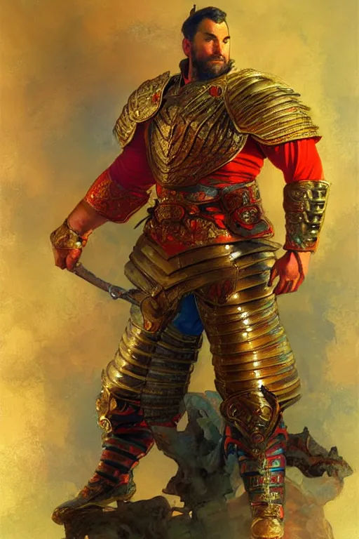 Image similar to attractive beefy male with armor, ming dynasty, character design, colorful, neon lights, painting by gaston bussiere, craig mullins, j. c. leyendecker, tom of finland