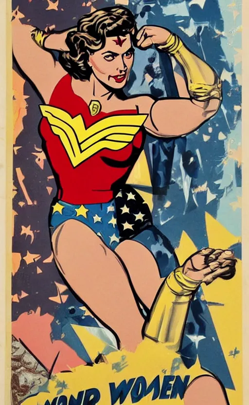 Image similar to ingrid bergman as wonder woman. poster for the film'wonder woman versus the robots '. colourful detailed painted collage. action. beautiful. powerful.