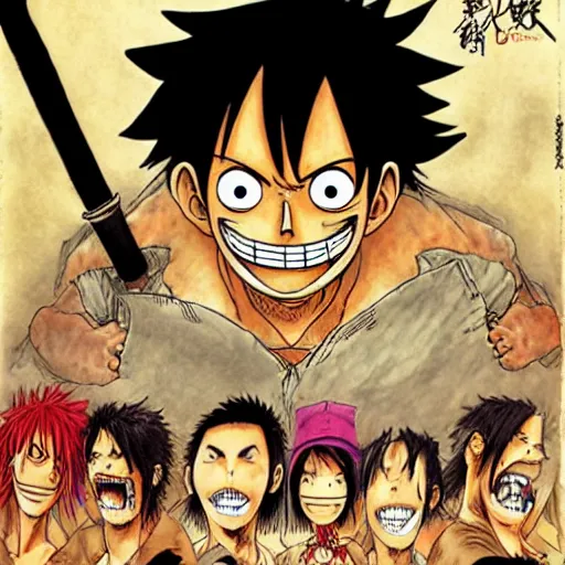 Image similar to [ luffy mustache ] ( by kim jung gi ) ( by george morikawa ) ( by kentaro miura ) ( by eiichiro oda )