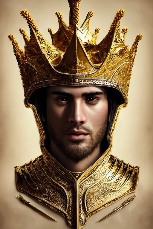 Image similar to Hyper-realistic upper-body Portrait of the King of the Desert, Warrior, Gold Armour and Crown, Sword, handsome attractive face, attractive young man, beautiful face, photo realistic, dramatic lighting, majestic, trending on artstation, elegant, intricate, highly detailed, digital painting, concept art, sharp focus, illustration, art by artgerm and greg rutkowski and alphonse mucha