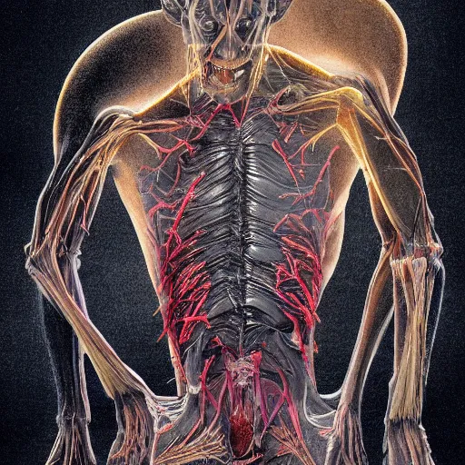 Image similar to portrait of Pikachu as a demonic creature with translucent skin, visible muscles and veins and arteries and bones and spines and nerves, beautiful detailed intricate insanely detailed octane render, 8k artistic photography, photorealistic, chiaroscuro, by David Cronenberg, Raphael, Caravaggio