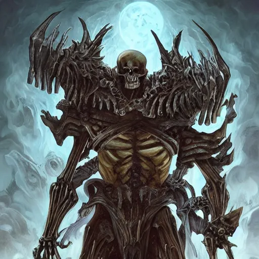 Prompt: the skeleton titan, scourge of them all, ominous, sublime, oil painting, intricate complexity, rule of thirds, in the style of Adam Paquette, Svetlin Velinov, Daarken, Artgerm, Keith Thompson, and Eric Deschamps, magic the gathering art, character concept