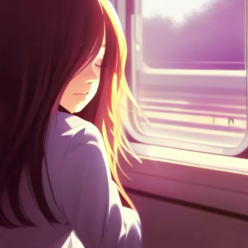 Image similar to a beautiful girl with long dark hair, sitting alone inside of a train, sharp focus, intricate, digital painting, artstation, official media, anime key visual, highly detailed, rich vivid colors, ambient lighting, illustration, art by Artgerm, Makoto Shinkai, Ilya Kuvshinov, Lois Van Baarle, and Rossdraws