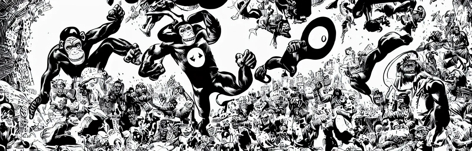 Prompt: the chimpanzee avengers go to a superhero wonderland inside the hollow earth, black and white in the style of jim woodring