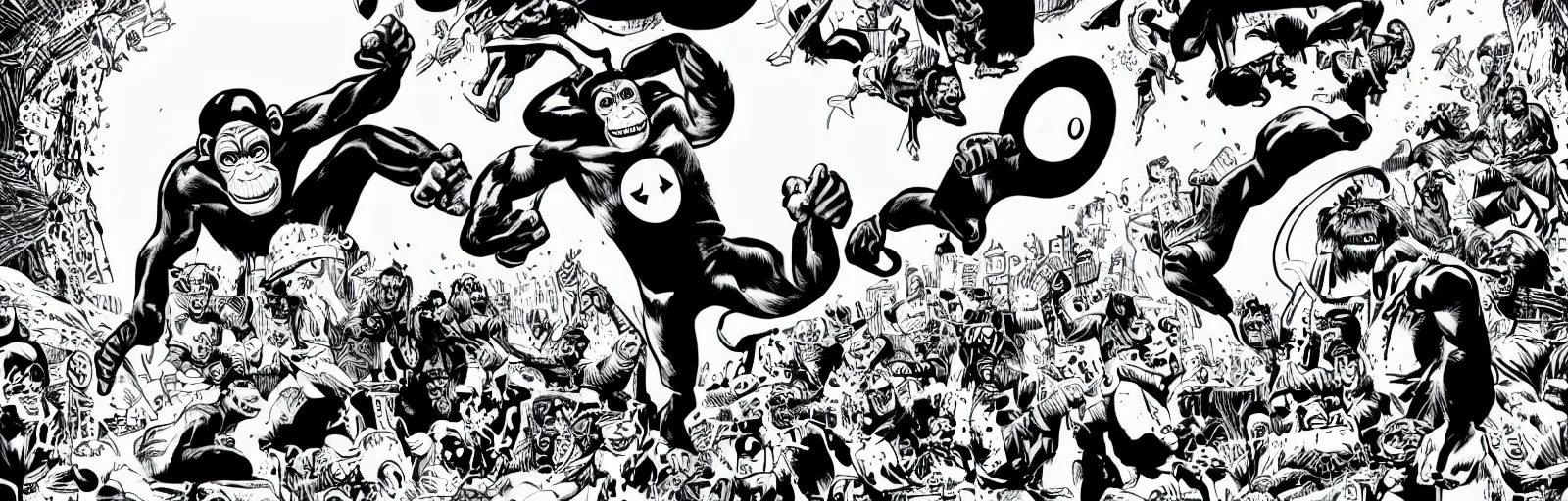 Image similar to the chimpanzee avengers go to a superhero wonderland inside the hollow earth, black and white in the style of jim woodring