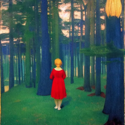 Prompt: a young girl lost in a blue golden forest, film still by edward hopper, by Pontormo, by klimt, art noveau, highly detailed, strong lights, liminal, eerie, Bright pastel colors