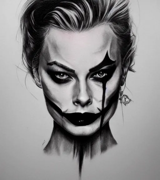 Image similar to tattoo design sketch of beautiful margot robbie portrait with joker makeup, in the style of den yakovlev, realistic face, black and white, realism tattoo, hyper realistic, highly detailed