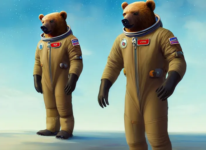 Image similar to character portrait feature of the anthro male anthropomorphic kamchatka brown bear fursona wearing cosmonaut outfit uniform professional pilot astronaut cosmonaut spirited disciplined character design stylized by charlie bowater, ross tran, artgerm, and makoto shinkai, detailed, soft lighting, rendered in octane