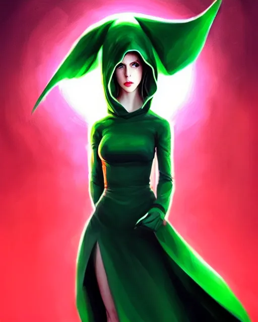 Prompt: artgerm, Mandy Jurgens art, Irina French art, cinematics lighting, beautiful Anna Kendrick supervillain, green dress with a black hood, angry, symmetrical face, Symmetrical eyes, full body, flying in the air over city, night time, red mood in background