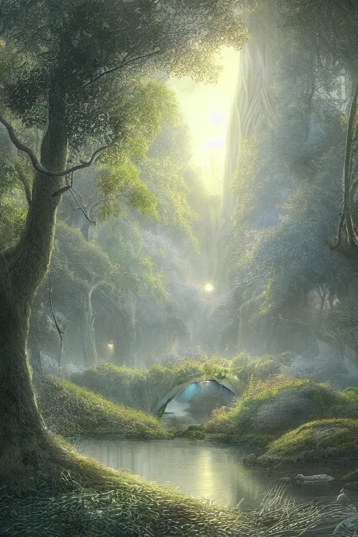 Image similar to Lothlórien in the evening, detailed matte painting, cinematic, Alan Lee, Artstation