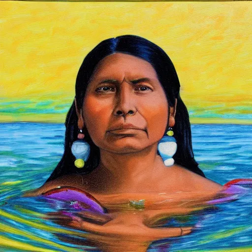 Image similar to full body, highly detailed, native indian woman swimming, painting