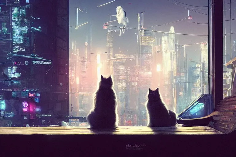 Prompt: a blonde woman with a ragdoll cat sitting next to each other on a bench, cyberpunk art by mike winkelmann, trending on cgsociety, retrofuturism, reimagined by industrial light and magic, darksynth, sci - fi