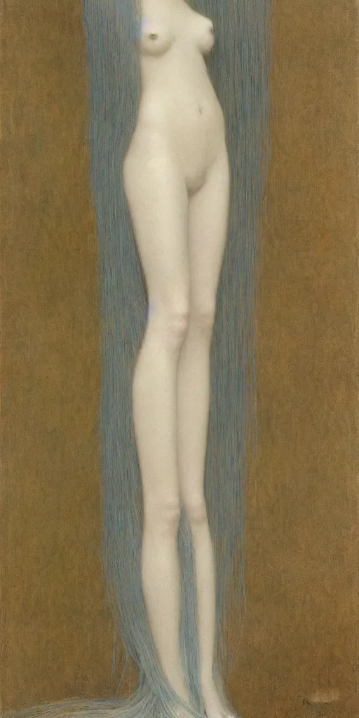 Prompt: Say who is this with silver hair so pale and Wan and thin? Beautiful lone single feminine angel in the style of Jean Delville, Lucien Lévy-Dhurmer, Fernand Keller, Fernand Khnopff, oil on canvas, 1896, 4K resolution, aesthetic, mystery