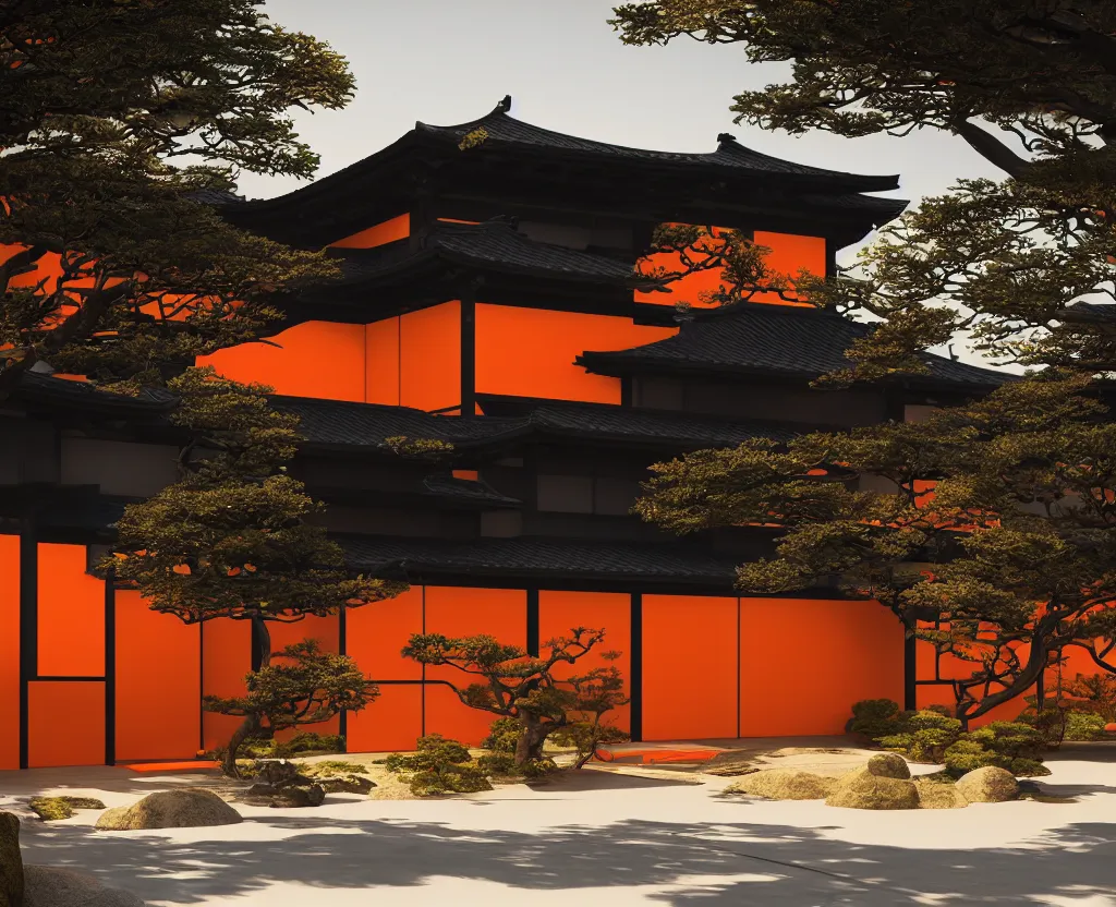 Prompt: photo of the exterior of a futuristic japanese house with traditional japanese garden, dramatic lighting, smoke, ceiling fluorescent lighting, black and orange colour palette, wide shot, octane render