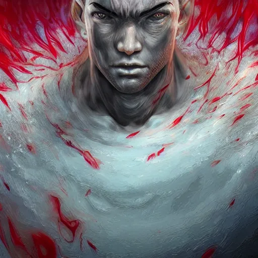 Image similar to portrait of guts from berserk submerged in red water, extremely detailed, made by wlop, maxwell boas, Naranbaatar Ganbold