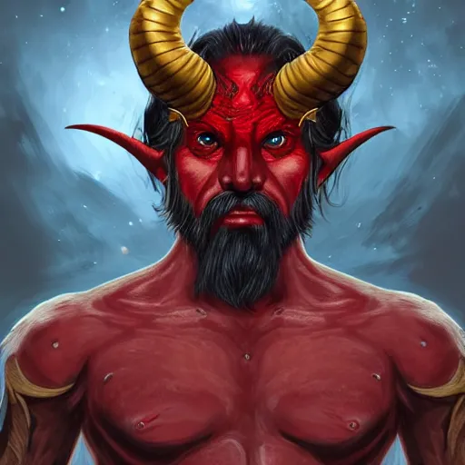 Image similar to dnd style portrait of a tiefling, male, red scales, red skin, a big black beard, completely golden eyes, 2 black ram horns growing out of his forehead,