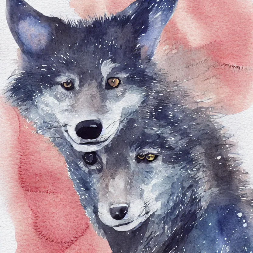 Image similar to detailed watercolor illustration of a cute and thoughtful wolf pup