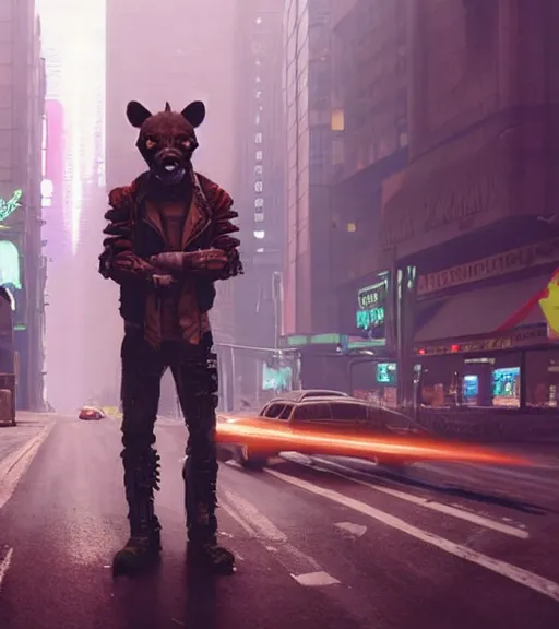 Image similar to new york city portrait icon of furry anthro anthropomorphic spotted hyena head animal person fursona wearing clothes strange cybernetic cyborg muzzle gloomy rainy screenshot from the video game cyberpunk 2077 digital art by Greg Rutkowski, Simon Stalenhag, christopher nolan trending on Artstation, CGSociety